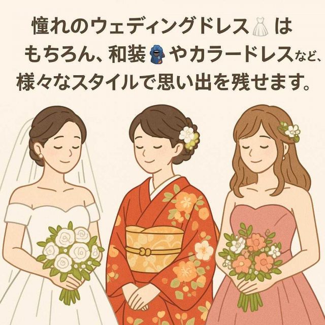 憧れのウェディングドレス👗はもちろん、和装👘やカラードレスなど、様々なスタイルで思い出を残せます。