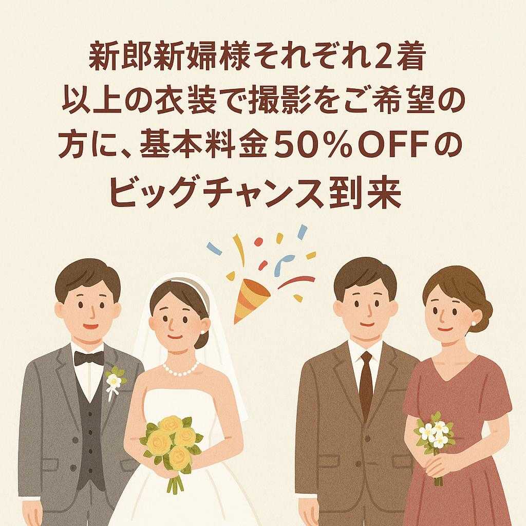 新郎新婦様それぞれ2着以上の衣装で撮影をご希望の方に、基本料金50%OFFのビッグチャンス到来🎉
