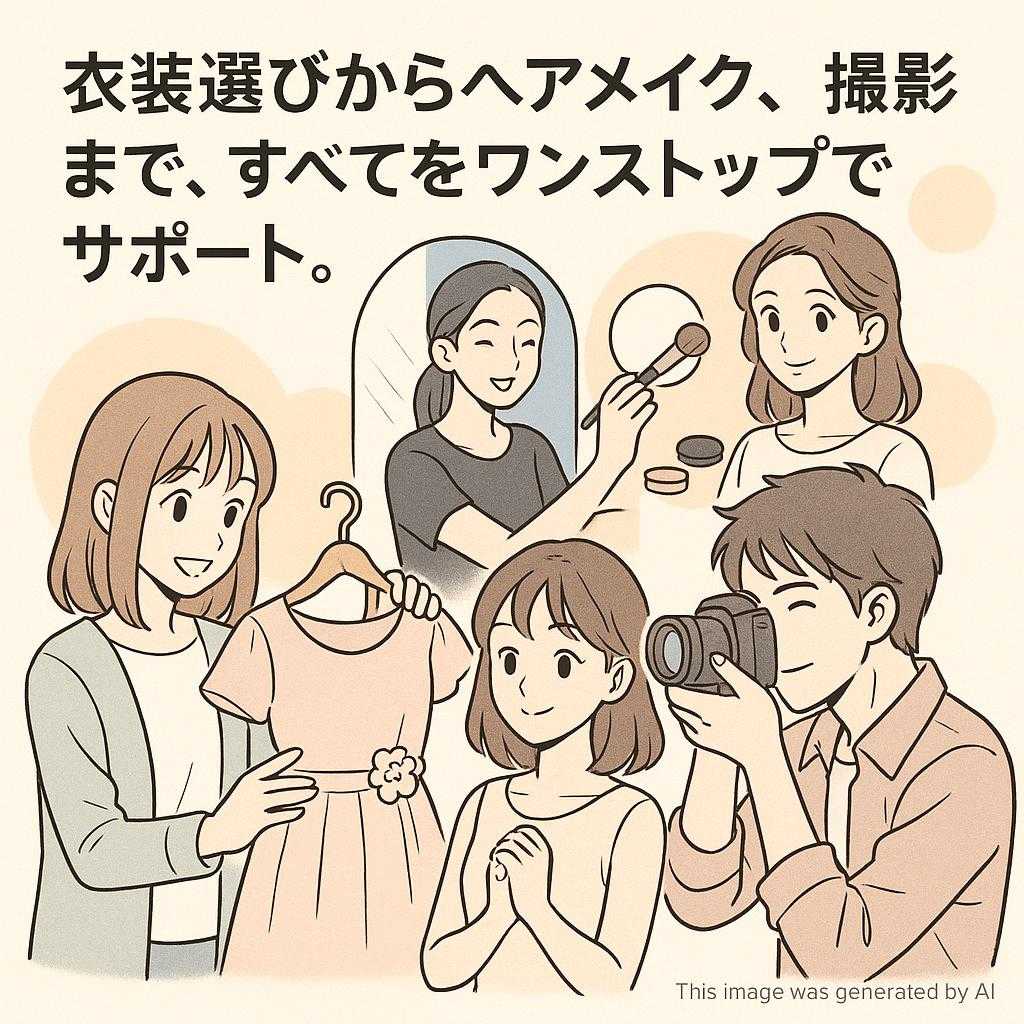 衣装選びからヘアメイク、撮影まで、すべてをワンストップでサポート。