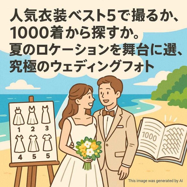 人気衣装ベスト5で撮るか、1000着から探すか。夏のロケーションを舞台に選ぶ、究極のウェディングフォト