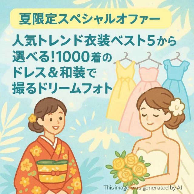 【夏限定スペシャルオファー】人気トレンド衣装ベスト5から選べる！1000着のドレス＆和装で撮るドリームフォト