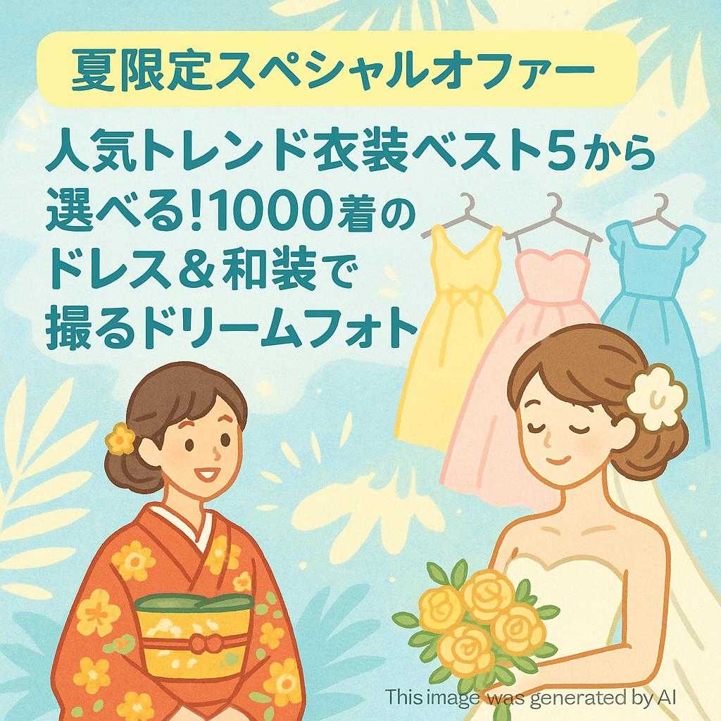 【夏限定スペシャルオファー】人気トレンド衣装ベスト5から選べる！1000着のドレス＆和装で撮るドリームフォト