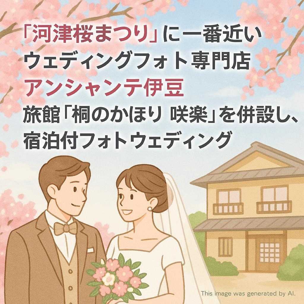 「河津桜まつり」に一番近い ウェディングフォト専門店 アンシャンテ伊豆 旅館「桐のかほり 咲楽」を併設し、宿泊付フォトウェディング