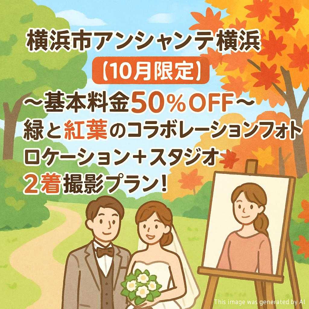 横浜市アンシャンテ横浜 【10月限定】〜基本料金50%OFF〜緑と紅葉のコラボレーションフォト⭐️ロケーション＋ スタジオ⭐️2着撮影プラン！