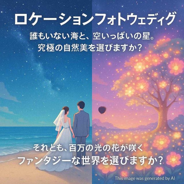 ロケーションフォトウェディング 誰もいない海と、空いっぱいの星。究極の自然美を選びますか？ それとも、百万の光の花が咲く。ファンタジーな世界を選びますか？