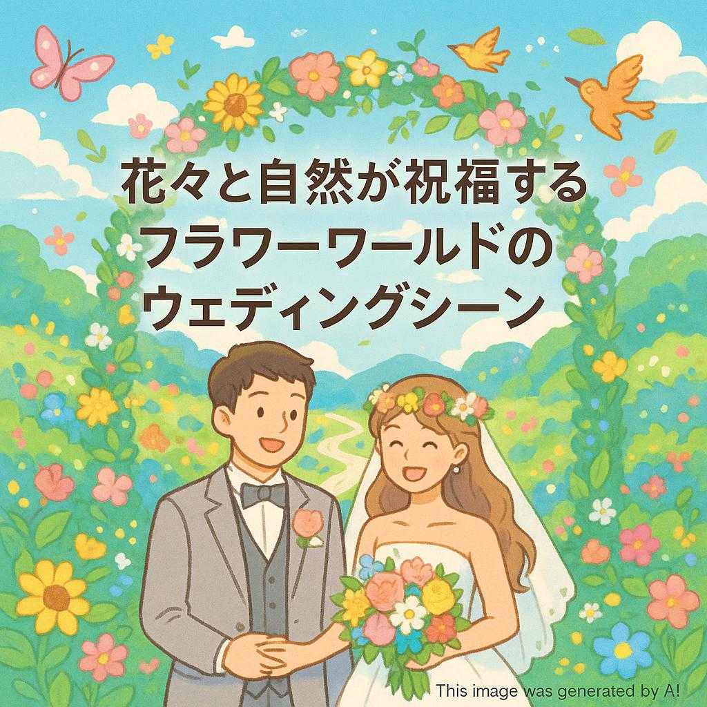 花々と自然が祝福するフラワーワールドのウェディングシーン