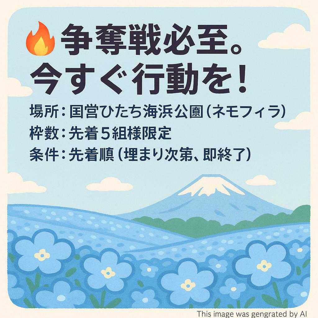 🔥 争奪戦必至。今すぐ行動を！  場所： 国営ひたち海浜公園（ネモフィラ）  枠数： 先着5組様限定  条件： 先着順（埋まり次第、即終了）