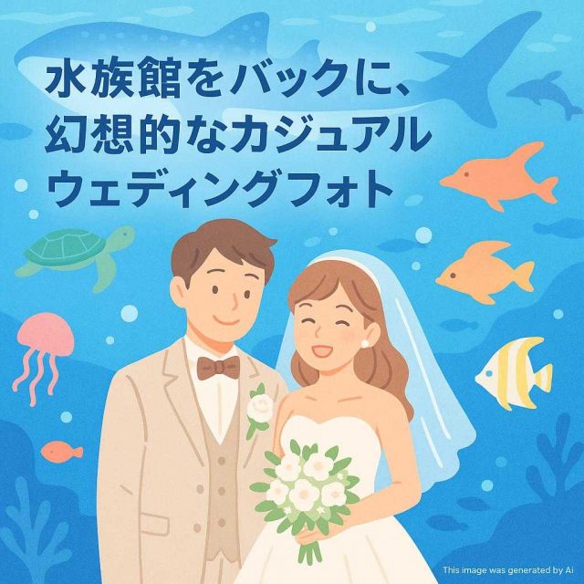 水族館をバックに、幻想的なカジュアルウェディングフォト
