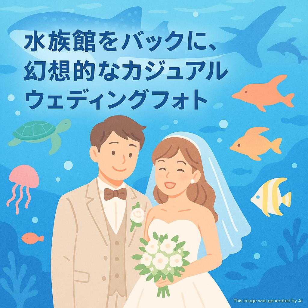 水族館をバックに、幻想的なカジュアルウェディングフォト