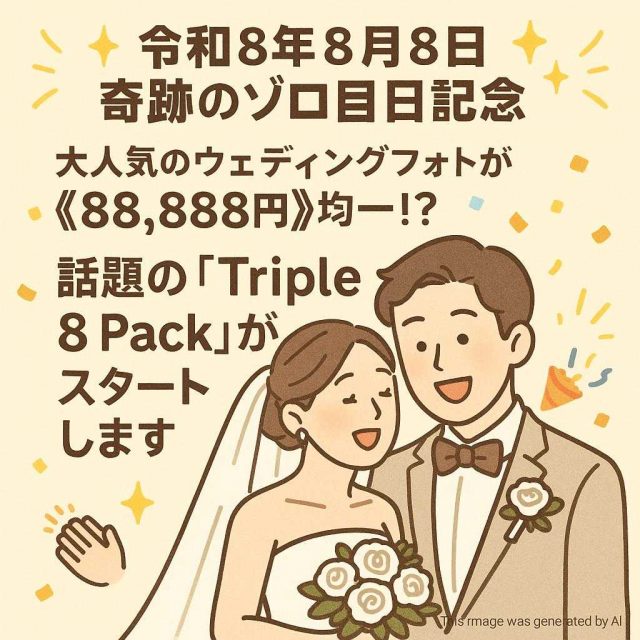 ✨【令和8年8月8日】奇跡のゾロ目日記念✨ 大人気のウェディングフォトが《88,888円》均一！？ 話題の『Triple 8 Pack』がスタートします👏🎉