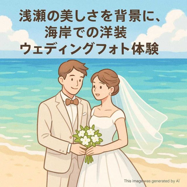 浅瀬の美しさを背景に、海岸での洋装ウェディングフォト体験
